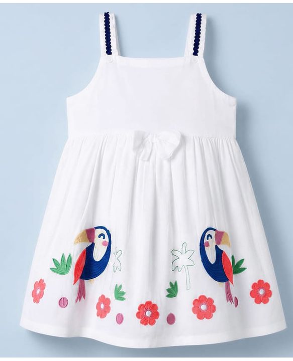 Babyhug Rayon Woven Sleeveless Dress with Toucan Embroidery - White
