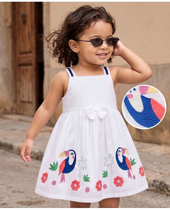 Babyhug Rayon Woven Sleeveless Dress with Toucan Embroidery - White