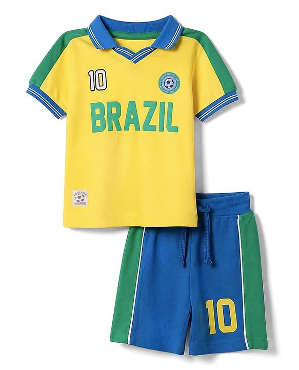 Babyhug 100% Cotton Single Jersey Knit Half Sleeves T-Shirt & Shorts Set With Text Print - Yellow & Blue