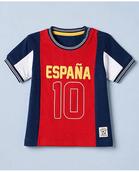 Babyhug 100% Cotton Single Jersey Knit Half Sleeves T-Shirt and Shorts Set with Espana Text Print - Red & Navy
