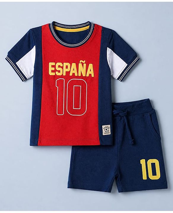 Babyhug 100% Cotton Single Jersey Knit Half Sleeves T-Shirt and Shorts Set with Espana Text Print - Red & Navy