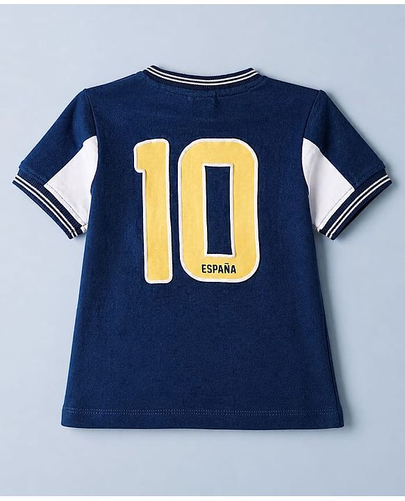 Babyhug 100% Cotton Single Jersey Knit Half Sleeves T-Shirt and Shorts Set with Espana Text Print - Red & Navy