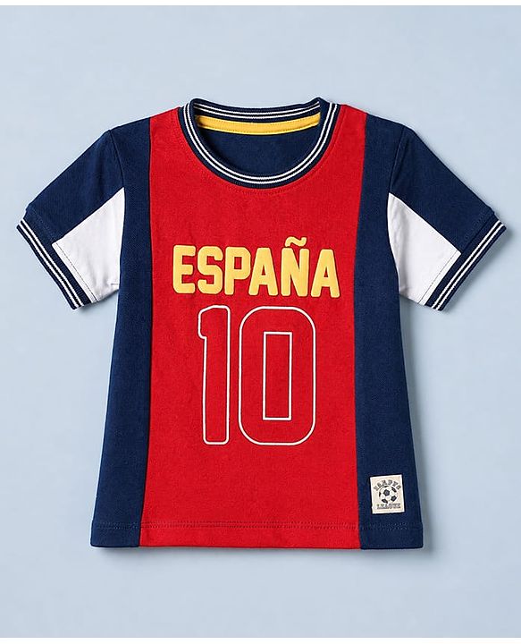 Babyhug 100% Cotton Single Jersey Knit Half Sleeves T-Shirt and Shorts Set with Espana Text Print - Red & Navy