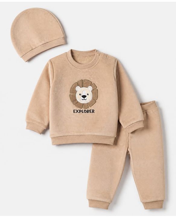 Babyhug Velour Knit Full Sleeves Winter Wear Suit With Lion Print & Cap - Tan