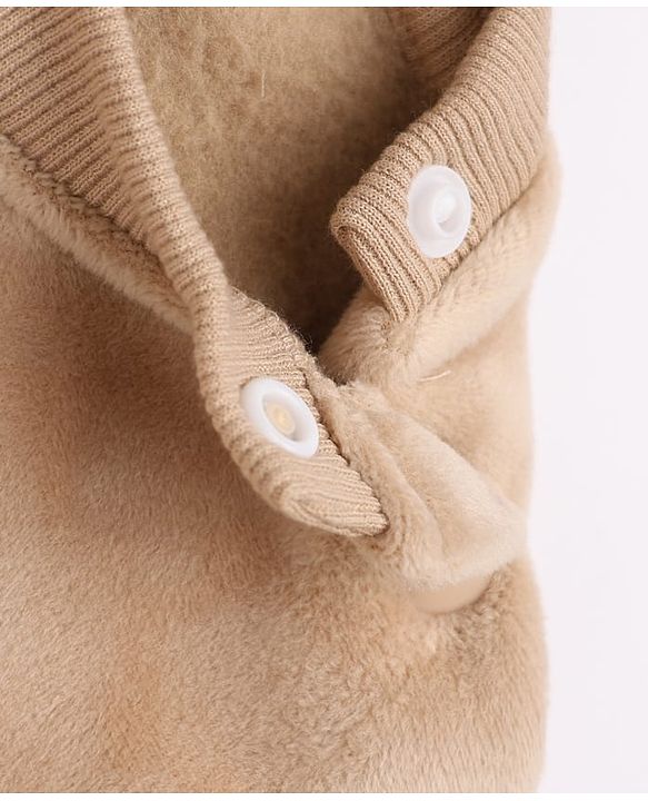 Babyhug Velour Knit Full Sleeves Winter Wear Suit With Lion Print & Cap - Tan