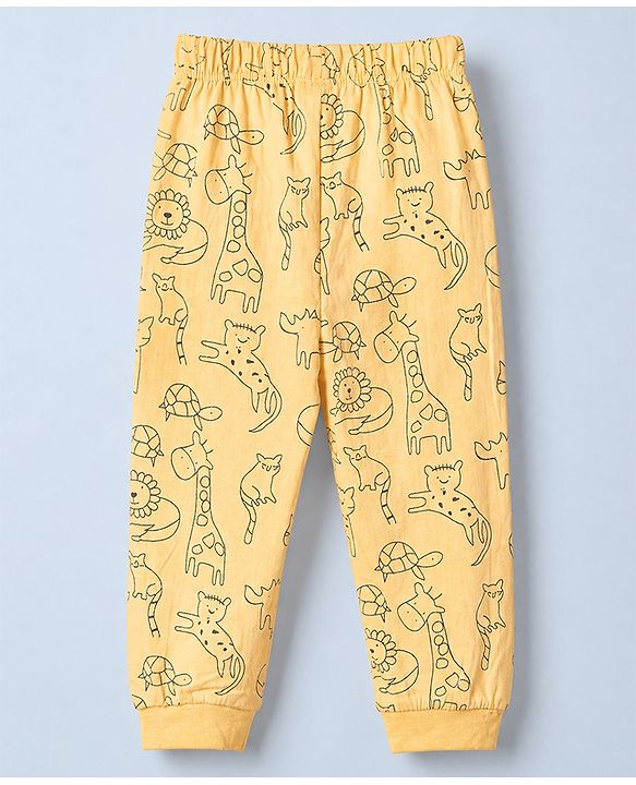 Babyhug Cotton Knit Full Sleeves T-Shirt & Pajama Night Suit and Lion Cheetah Hippo Monkey Turtle Giraffe Print - Yellow