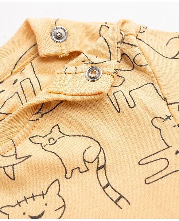 Babyhug Cotton Knit Full Sleeves T-Shirt & Pajama Night Suit and Lion Cheetah Hippo Monkey Turtle Giraffe Print - Yellow