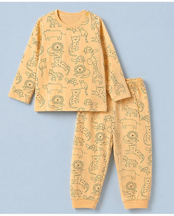 Babyhug Cotton Knit Full Sleeves T-Shirt & Pajama Night Suit and Lion Cheetah Hippo Monkey Turtle Giraffe Print - Yellow