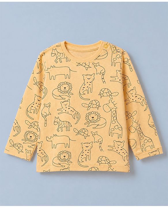 Babyhug Cotton Knit Full Sleeves T-Shirt & Pajama Night Suit and Lion Cheetah Hippo Monkey Turtle Giraffe Print - Yellow