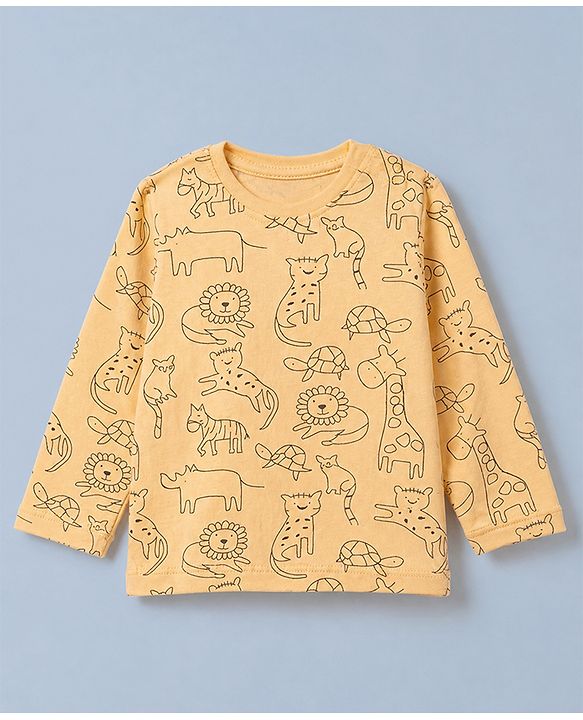 Babyhug Cotton Knit Full Sleeves T-Shirt & Pajama Night Suit and Lion Cheetah Hippo Monkey Turtle Giraffe Print - Yellow