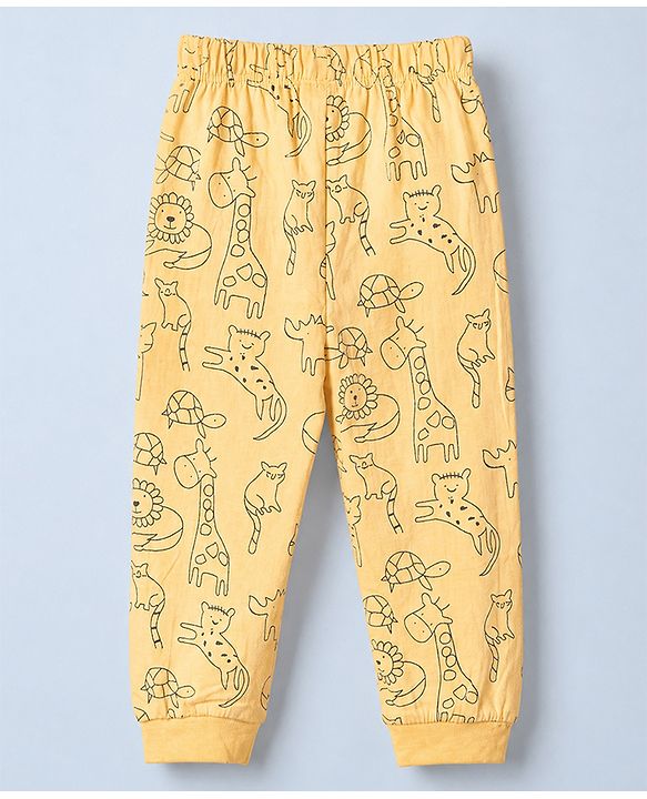 Babyhug Cotton Knit Full Sleeves T-Shirt & Pajama Night Suit and Lion Cheetah Hippo Monkey Turtle Giraffe Print - Yellow