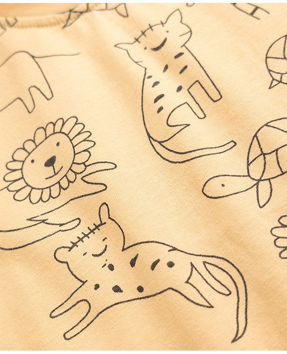 Babyhug Cotton Knit Full Sleeves T-Shirt & Pajama Night Suit and Lion Cheetah Hippo Monkey Turtle Giraffe Print - Yellow
