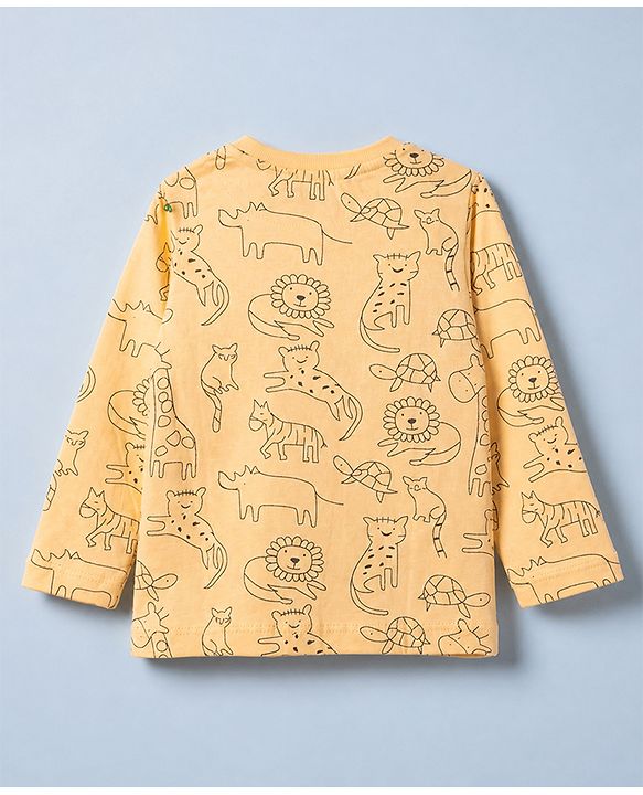 Babyhug Cotton Knit Full Sleeves T-Shirt & Pajama Night Suit and Lion Cheetah Hippo Monkey Turtle Giraffe Print - Yellow