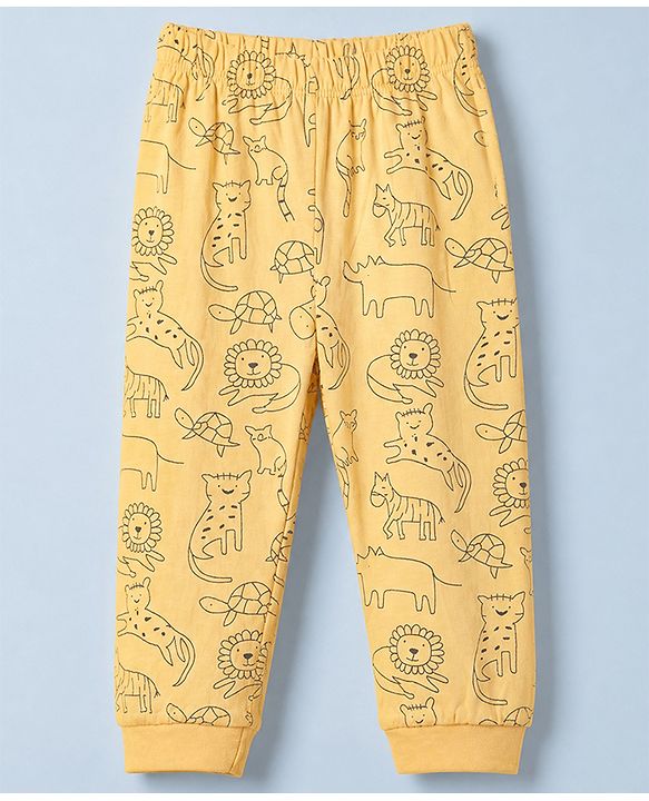 Babyhug Cotton Knit Full Sleeves T-Shirt & Pajama Night Suit and Lion Cheetah Hippo Monkey Turtle Giraffe Print - Yellow