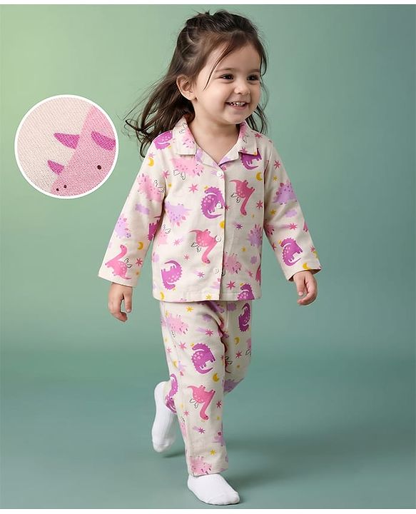 Babyhug 100% Cotton Knit Full Sleeves Co-Ords Shirt & Pyjama Night Suit with Animal Print - Offwhite