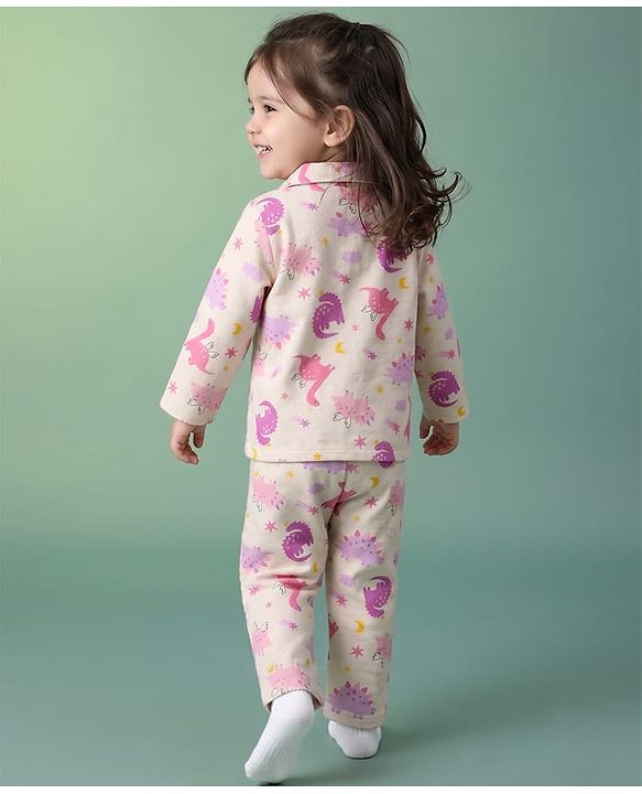 Babyhug 100% Cotton Knit Full Sleeves Co-Ords Shirt & Pyjama Night Suit with Animal Print - Offwhite