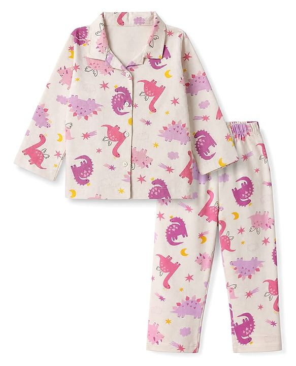 Babyhug 100% Cotton Knit Full Sleeves Co-Ords Shirt & Pyjama Night Suit with Animal Print - Offwhite