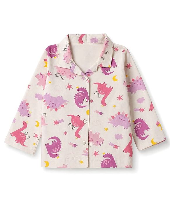 Babyhug 100% Cotton Knit Full Sleeves Co-Ords Shirt & Pyjama Night Suit with Animal Print - Offwhite