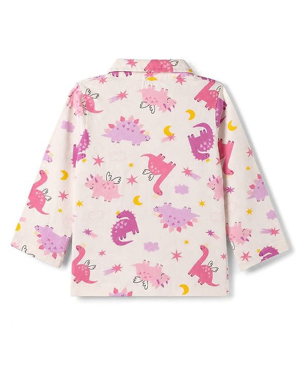 Babyhug 100% Cotton Knit Full Sleeves Co-Ords Shirt & Pyjama Night Suit with Animal Print - Offwhite