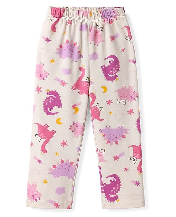 Babyhug 100% Cotton Knit Full Sleeves Co-Ords Shirt & Pyjama Night Suit with Animal Print - Offwhite