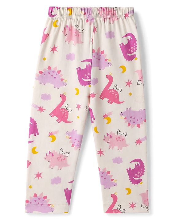 Babyhug 100% Cotton Knit Full Sleeves Co-Ords Shirt & Pyjama Night Suit with Animal Print - Offwhite