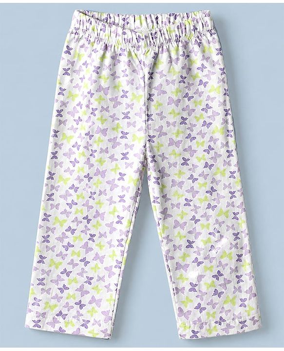 Babyhug Cotton Knit Front Open Full Sleeves Co-ord Shirt & Pajama Night Suit with Butterfly Print - White