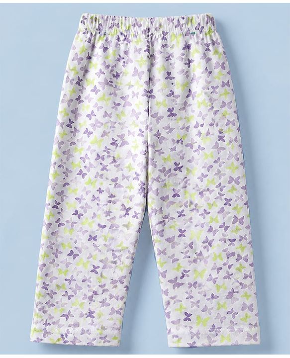 Babyhug Cotton Knit Front Open Full Sleeves Co-ord Shirt & Pajama Night Suit with Butterfly Print - White