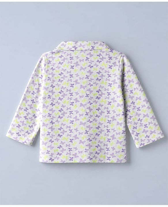 Babyhug Cotton Knit Front Open Full Sleeves Co-ord Shirt & Pajama Night Suit with Butterfly Print - White