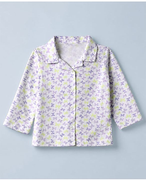 Babyhug Cotton Knit Front Open Full Sleeves Co-ord Shirt & Pajama Night Suit with Butterfly Print - White