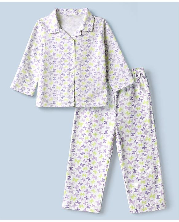 Babyhug Cotton Knit Front Open Full Sleeves Co-ord Shirt & Pajama Night Suit with Butterfly Print - White
