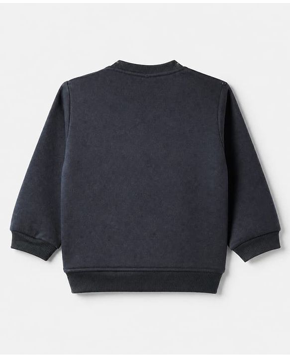 Babyhug Velour Knit Full Sleeves Winter T-Shirt & Jogger with Cap & Excavator Embroidered Patch - Navy Blue