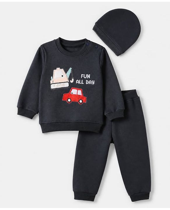 Babyhug Velour Knit Full Sleeves Winter T-Shirt & Jogger with Cap & Excavator Embroidered Patch - Navy Blue