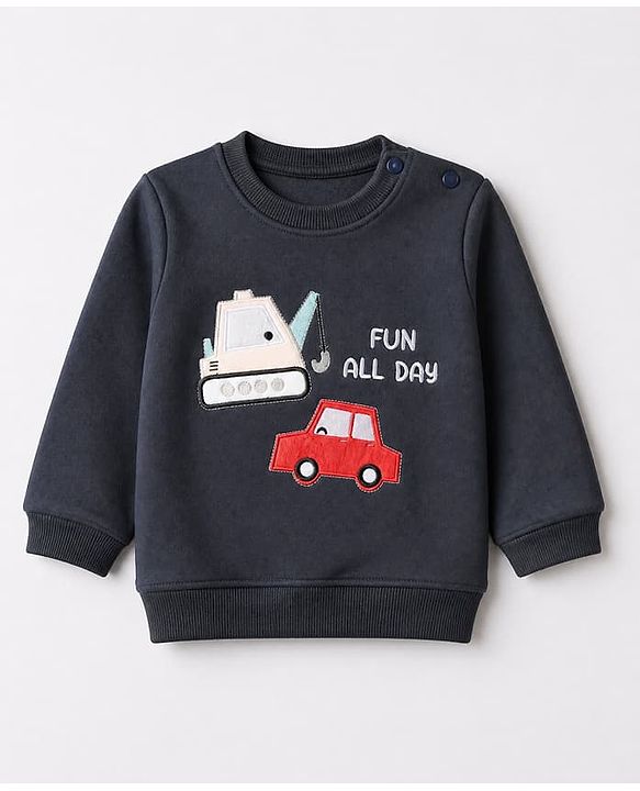 Babyhug Velour Knit Full Sleeves Winter T-Shirt & Jogger with Cap & Excavator Embroidered Patch - Navy Blue
