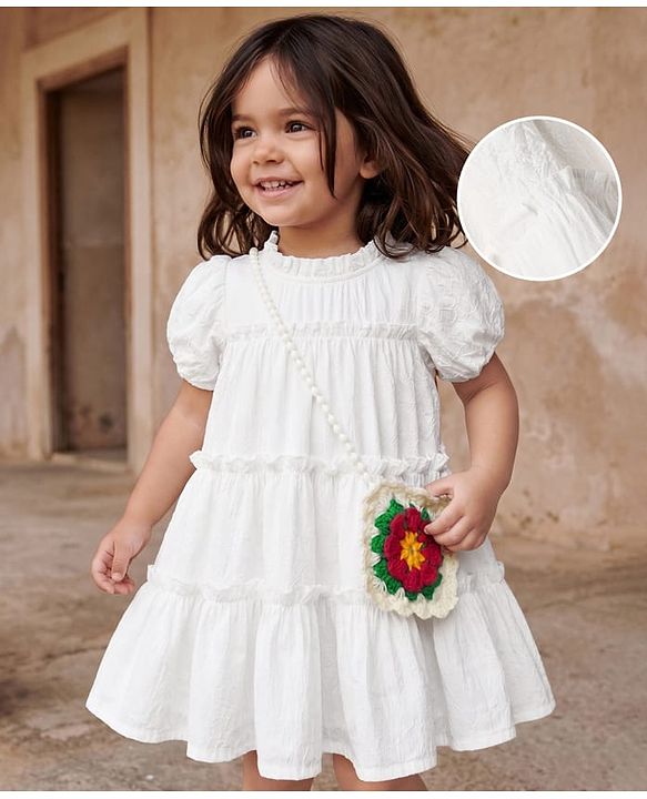 Babyhug Cotton Woven Dress and Purse with Half Sleeves in Offwhite