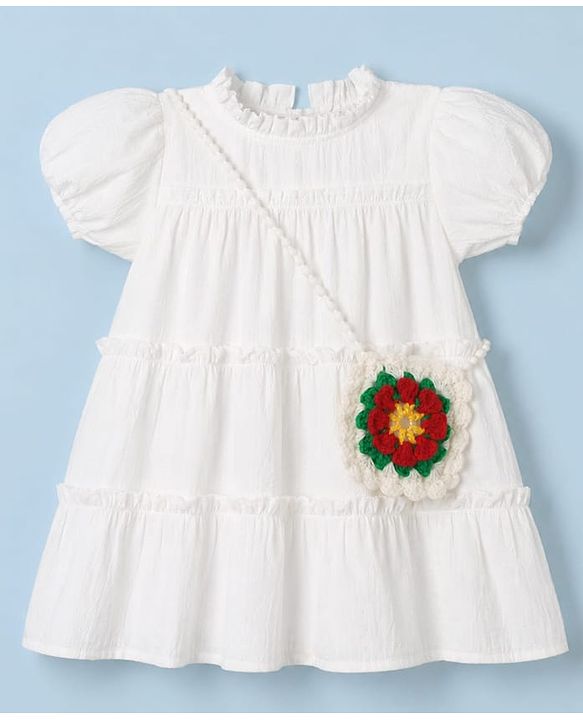 Babyhug Cotton Woven Dress and Purse with Half Sleeves in Offwhite
