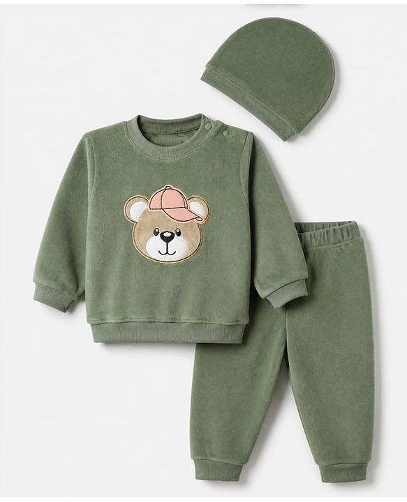 Babyhug Velour Knit Full Sleeves Winter T-Shirt and Jogger with Cap and Bear Patch - Dark Green