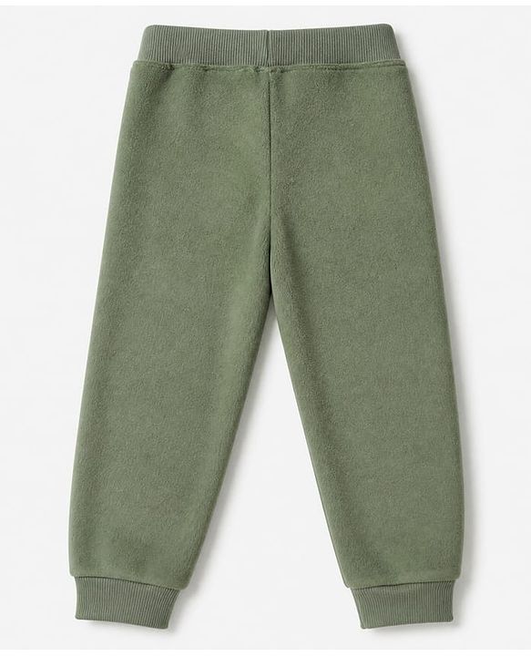 Babyhug Velour Knit Full Sleeves Winter T-Shirt and Jogger with Cap and Bear Patch - Dark Green