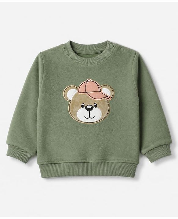 Babyhug Velour Knit Full Sleeves Winter T-Shirt and Jogger with Cap and Bear Patch - Dark Green