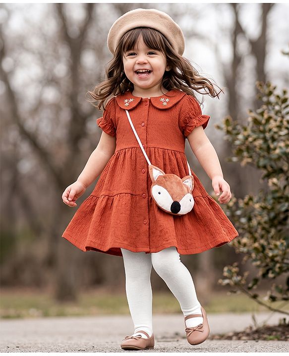 Babyhug Viscose Woven Frock and Leggings Set with Half Sleeves and Fox Applique in Orange