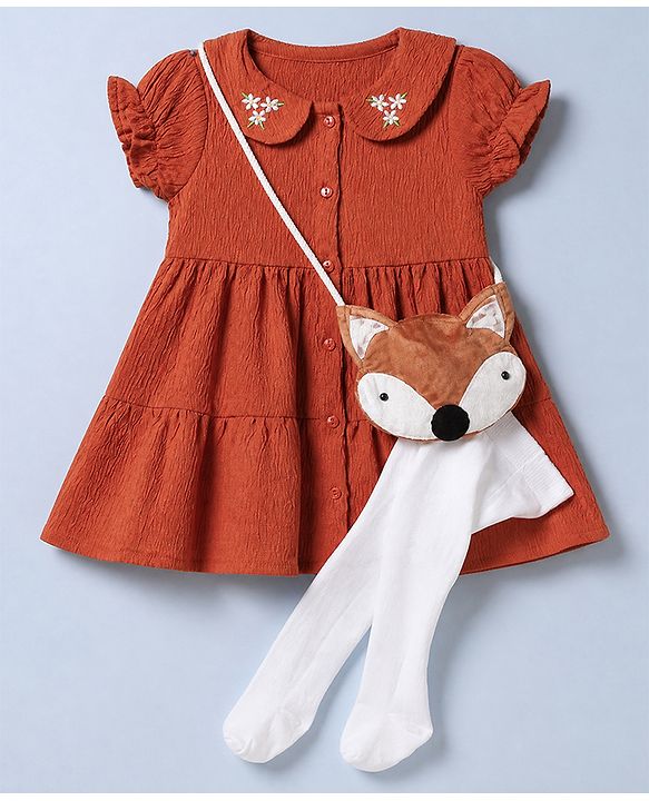 Babyhug Viscose Woven Frock and Leggings Set with Half Sleeves and Fox Applique in Orange