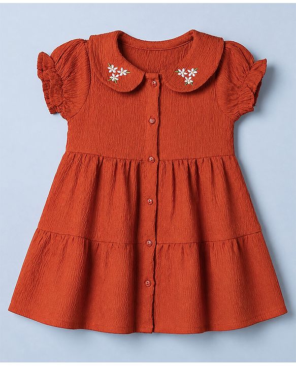 Babyhug Viscose Woven Frock and Leggings Set with Half Sleeves and Fox Applique in Orange