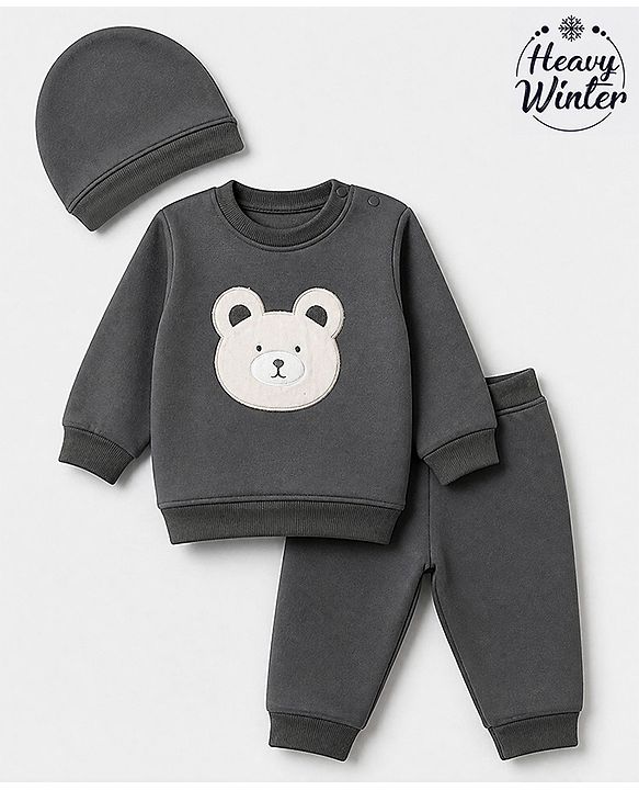 Babyhug Velour Knit Full Sleeves Winter Wear Suit With Bear Patch & Cap - Grey