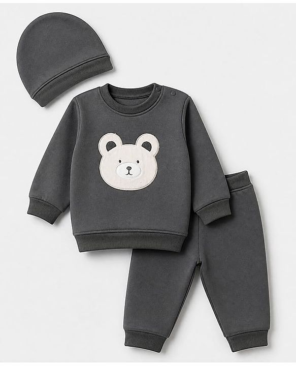 Babyhug Velour Knit Full Sleeves Winter Wear Suit With Bear Patch & Cap - Grey