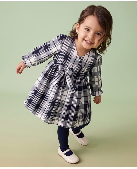 Babyhug Cotton Woven Frock and Legging with Full Sleeves and Checked Print in Blue for 3-6 Months
