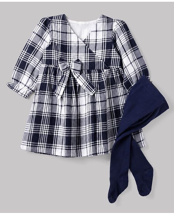 Babyhug Cotton Woven Frock and Legging with Full Sleeves and Checked Print in Blue for 3-6 Months