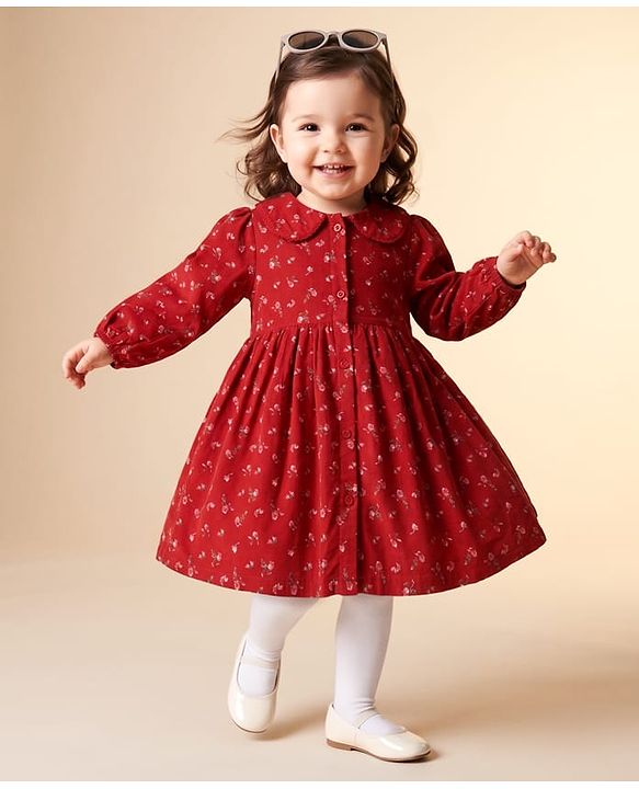 Babyhug Woven Frock and Leggings with Full Sleeves and Floral Print - Red
