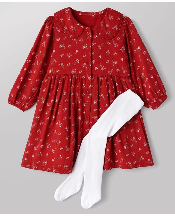 Babyhug Woven Frock and Leggings with Full Sleeves and Floral Print - Red
