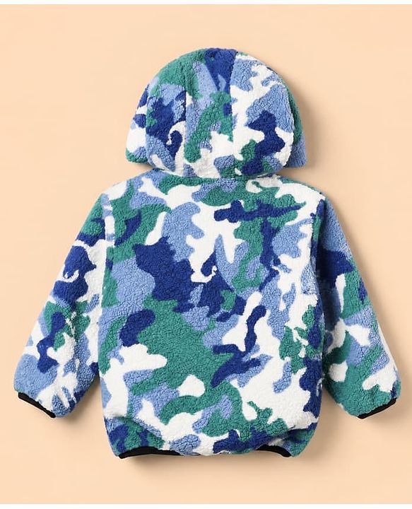 Babyhug Fur Woven Hoodies with Full Sleeves and Camouflage Print in Blue for 12-18 Months