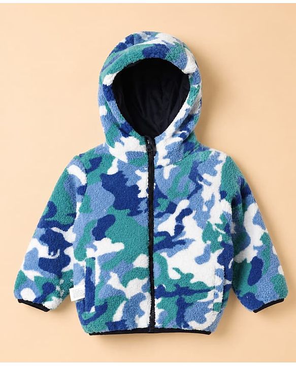 Babyhug Fur Woven Hoodies with Full Sleeves and Camouflage Print in Blue for 12-18 Months
