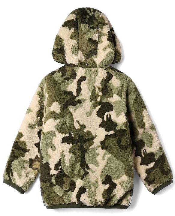 Babyhug Fur Woven Reversible Jackets with Full Sleeves and Camouflage Print in Olive Green